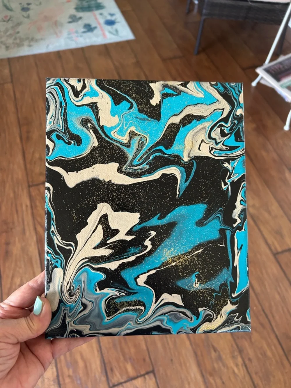 abstract Art NEW black tan teal and glitter wall decor made by me pour painting